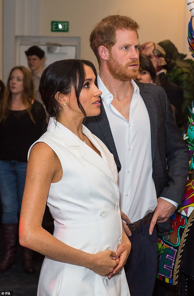Earlier this month it was announced that Meghan and Prince Harry (pictured on Monday in New Zealand), who wed in May, are expecting their first child together next spring
